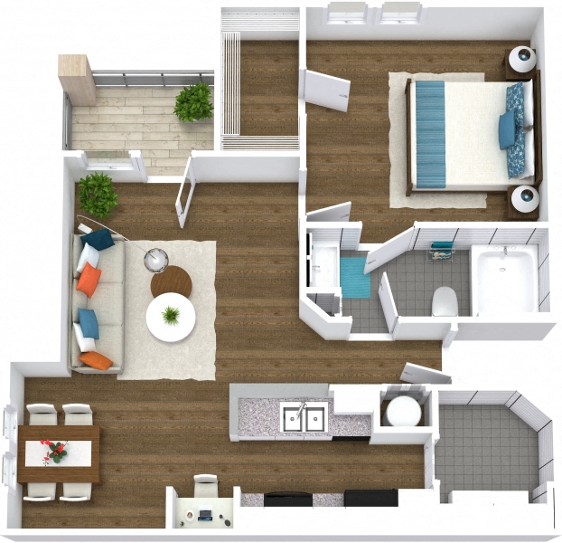 Floor plan for 1 bed, 1 bath, 767 sqft